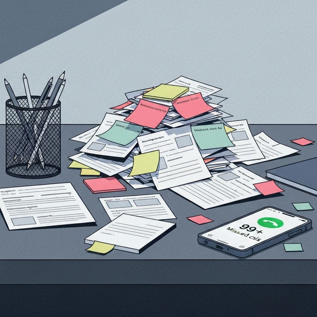 Pile of voicemails and missed messages forming a mountain